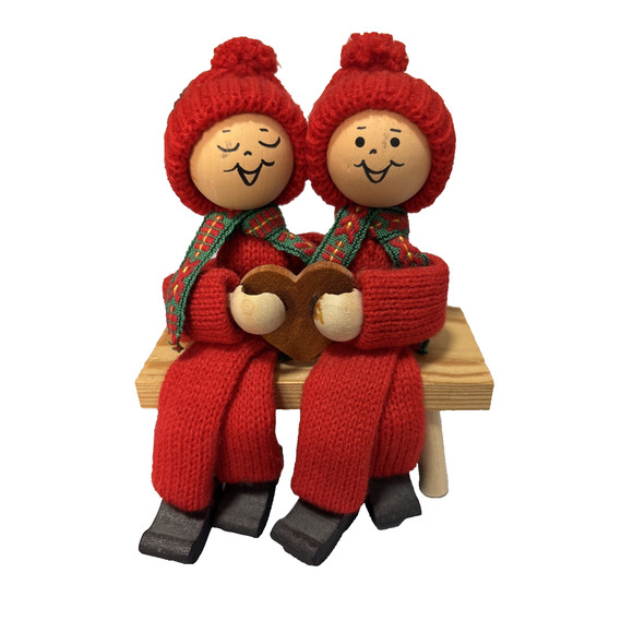 Vtg Swedish Tomte Figurines Collectible Handmade Couple Bench Heart Christmas - Picture 1 of 5